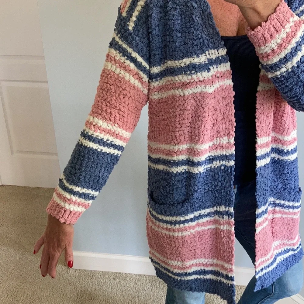 ink, Blue & Off White Stripe Popcorn Texture Open Cardigan - Picture 9 of 10